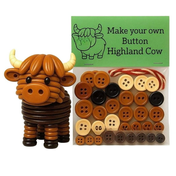 DIY Button Highland Cow Craft Kit,Button Christmas Ornament Kits,Handmade DIY Highland Cow Button Ornament,Funny Animals Three-Dimensional Christmass Tree Hanging Decorations, DIY Ornaments Kits