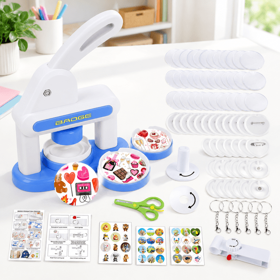 DIY Button Maker Machine Kit with 86 Accessories, 55mm & 35mm Round/Heart Forms, Blue
