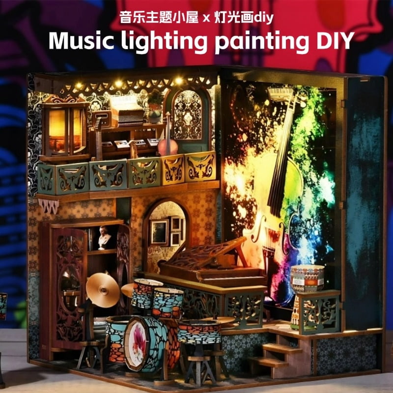 DIY Cabin Mini Bookstore, Miniature Wooden House Kit, LED Light