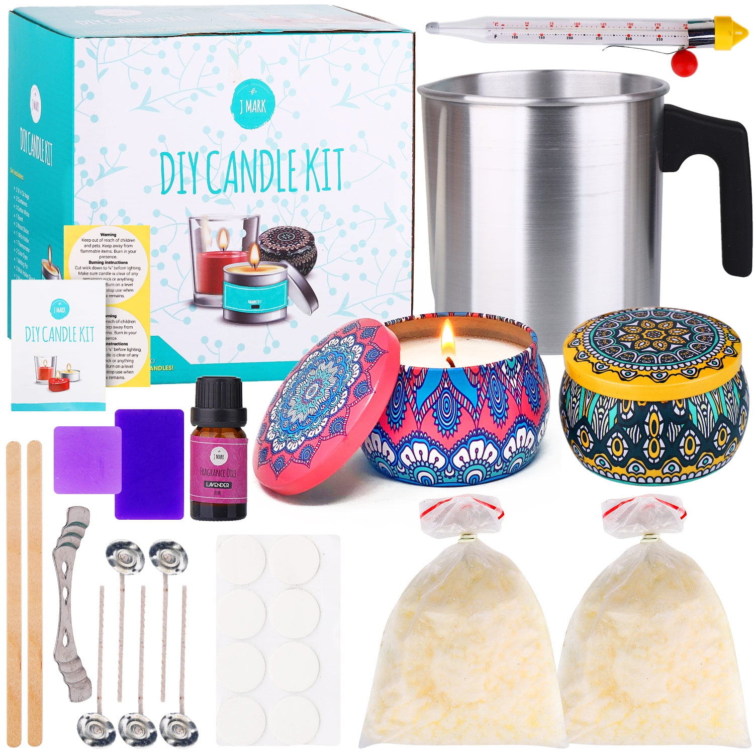 DIY Candle Making Kit for Adults –22 PCS All Inclusive with 2 Decorative  Candle Tins, 2 Soy Wax, Dye, 1 Fragrance Oils, 5 Cotton Wicks, 1 Melting  Pot, 1 Wick Holder , 2 Color dyes – Art & Crafts 