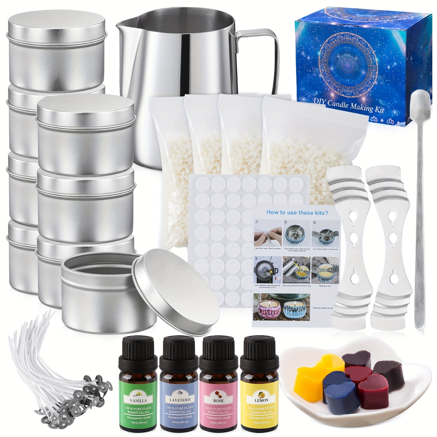 DIY Candle Making Kit for Beginners: Soy Wax, Essential Oils, Stirring Spoon, Measuring Cup, Jar, Colored Wax Blocks - Holiday Gift
