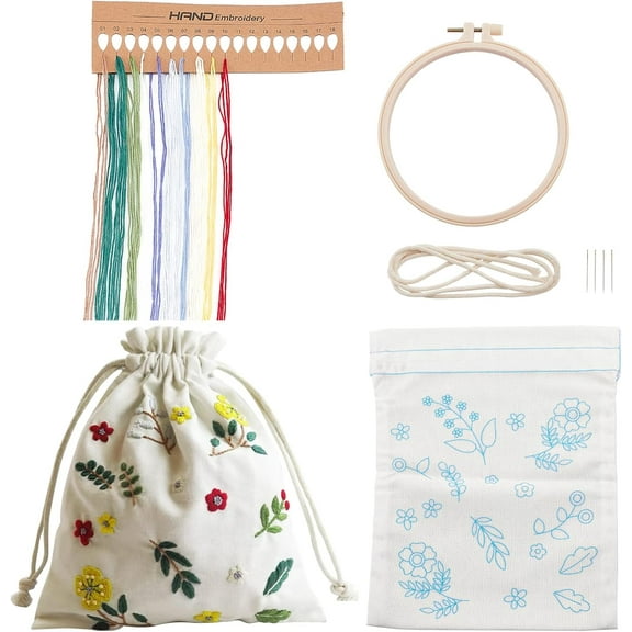 DIY Canvas Drawstring Pouch Embroidery Kit Gift Sachet Bags Stitch Kit Flower Pattern Candy Gift Bags Making Kit DIY Needlepoint Sewing Craft Bag Starter Kit for Holidays Party
