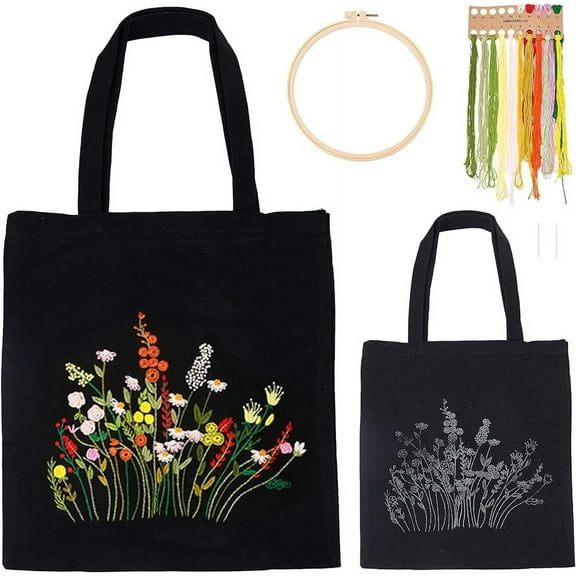 DIY Canvas Tote Bag Embroidery Kit Black Canvas Bag Flower Cross Stitch Kit with Pattern and Instruction Personalized Bag Funny Hand Needlepoint Kit Include Hoops Color DIY
