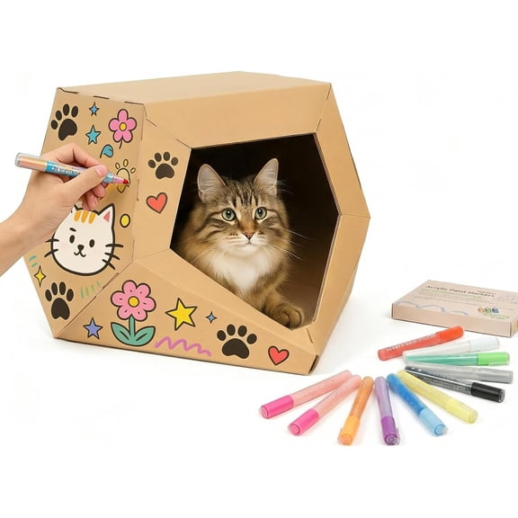 DIY Cardboard House with 10 Markers, Creative Scratcher House Play Cave for Indoor Cats and Kittens, Washable Paper House for Family Bonding and Pet Relaxation