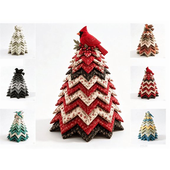 DIY Cardinal Christmas Tree Kit, Vintage Floral Fabric Tree DIY Sewing Kit with Bird Figurine, Pre-Cut Pieces Handmade Craft for Holiday Home Table Decor Gift