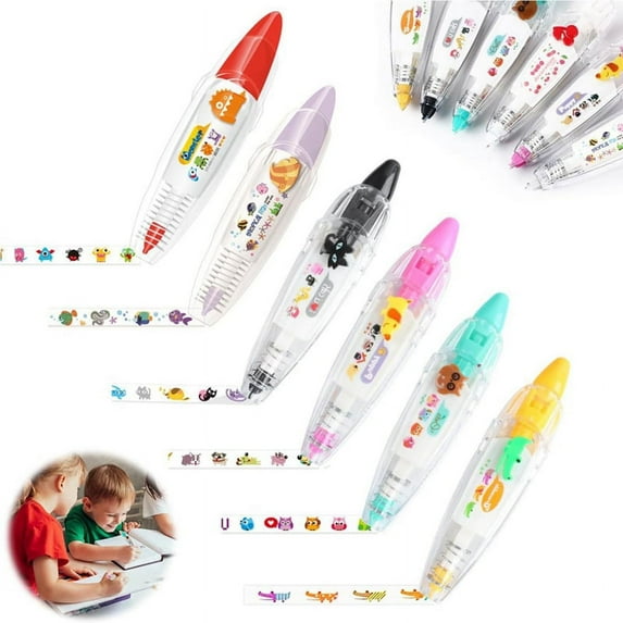 DIY Cartoon Press Type Decorative Pen, Ally-Pocket Tape Pen, Cute Animals Scrapbooking Diary Decoration Tape Pen,A-6PCS