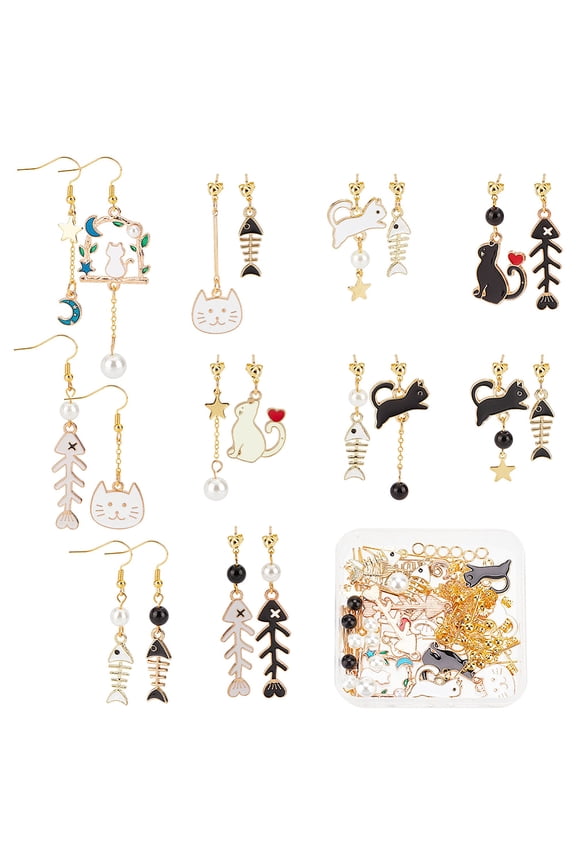 DIY Cat Asymmetrical Earring Making Kit Including Alloy Links Connectors Enamel Pendants 304 Stainless Steel Charms Glass Pearl Beads for DIY