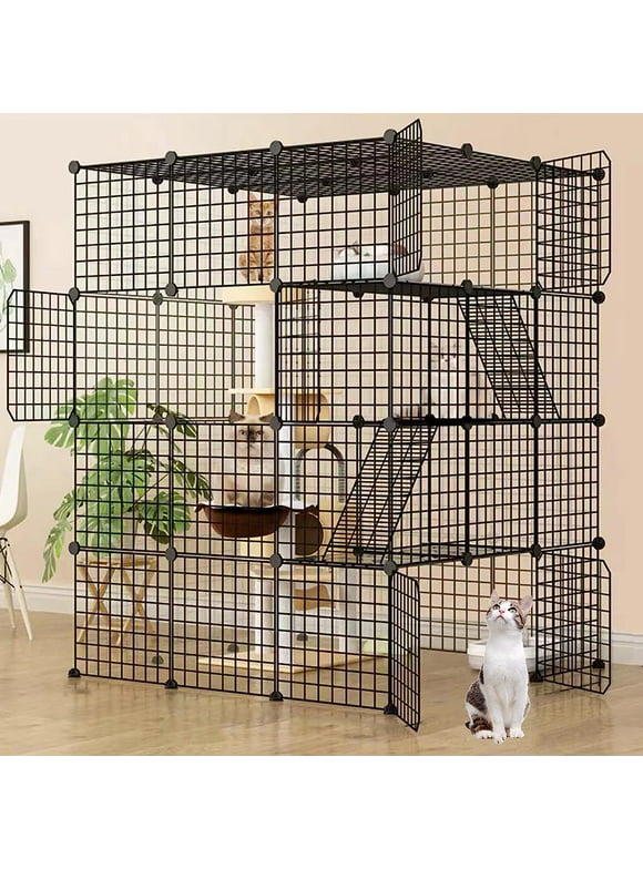 DIY Cat Cage Detachable Metal Wire Enclosure with Two Ladders, Kennels Playpen, Crate Large Exercise Place for 1-4 Cat
