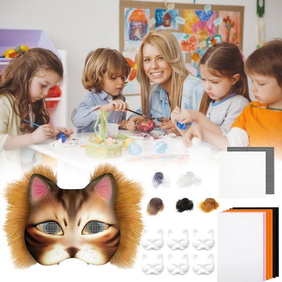 DIY Cat Face Mask Craft Kit, Includes Blank Cat Masks, Faux Fabric and Plastic Mesh, Perfect for Holiday Decorations and Costume Parties, Easy to Customize with Paints and Embellishments, I, 1set