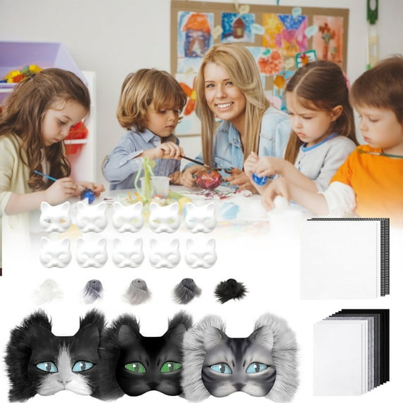 DIY Cat Face Mask Craft Kit, Includes Blank Cat Masks, Faux Fabric and Plastic Mesh, Perfect for Holiday Decorations and Costume Parties, Easy to Customize with Paints and Embellishments, J, 1set