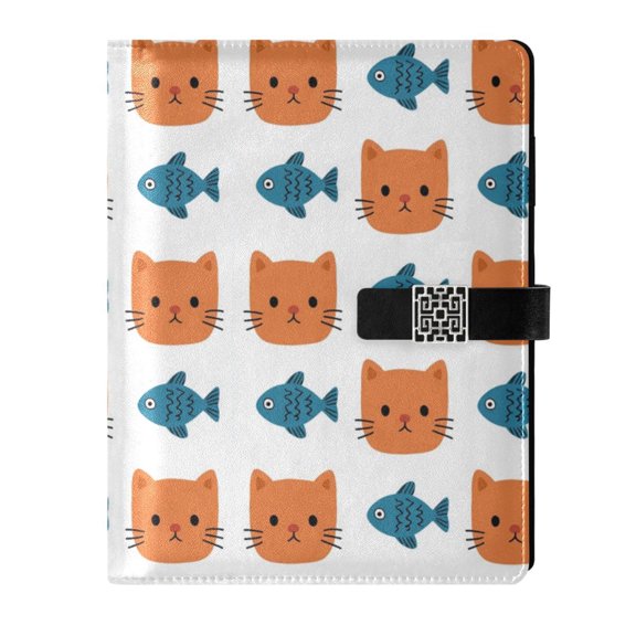 DIY Cat Fish Printed Microfiber Leather Notebook 9.2x6.7" Refillable Binder Journal with Pen Loop&Pockets 100 Sheets