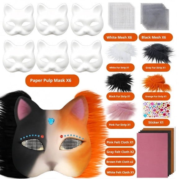 DIY Cat Mask Craft Kit, Pre‑Felted Mask Base with Faux Fur and Eye Mesh, All‑in‑One Complete Supply Set, Beginner‑Friendly DIY Accessory for Halloween , Holiday and Themed Party Decoration