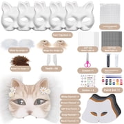 DIY Cat Therian Mask Kit, Blank Unpainted Paper Cat Masks with Faux Furs Eye Meshes Paint Stickers Art Supplies, Hand Making Furry Mask Craft Kit for Halloween Cosplay Costume Party
