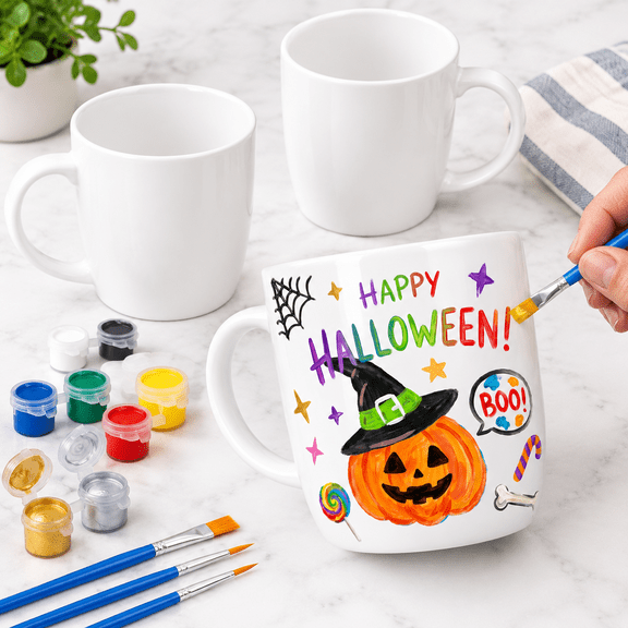 DIY Ceramic Mug Painting Kit with 2 Mugs, Paints, Brushes and Instruction Guide