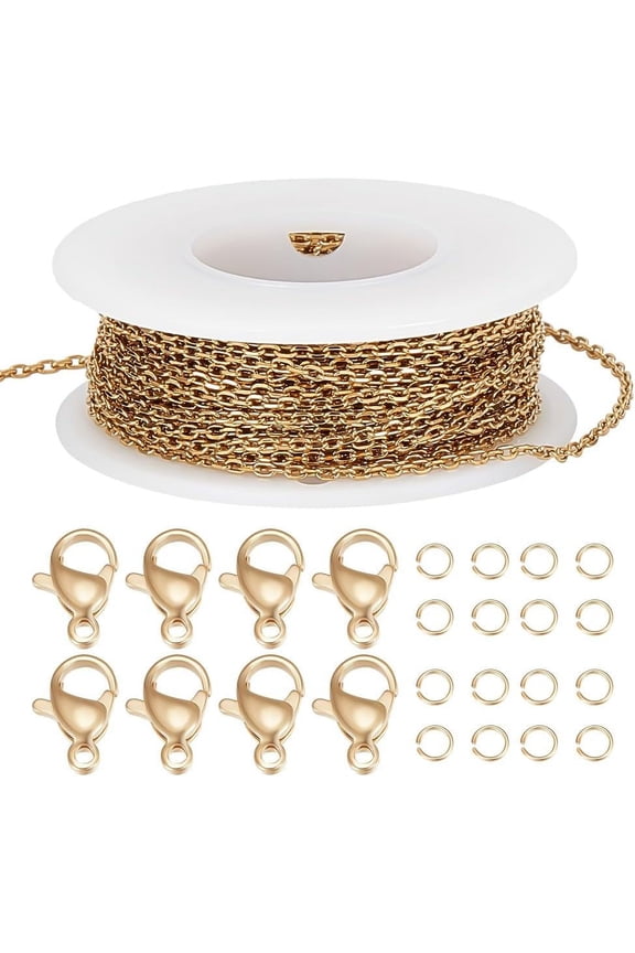 DIY Chain Bracelet Necklace Making Kit Including PVD Vacuum Plating 304 Stainless Steel Cable Chains & Clasps Brass Jump Rings Real 18K Gold Plated Chain: 10M/set