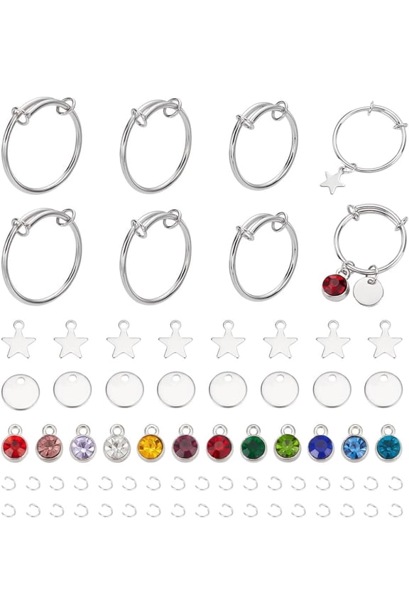DIY Charm Adjustable Ring Making Kit Including 304 Stainless Steel Expandable Ring Alloy Rhinestone & 201 Stainless Steel Charms Flat Round & Star Stainless Steel Color 86Pcs/box