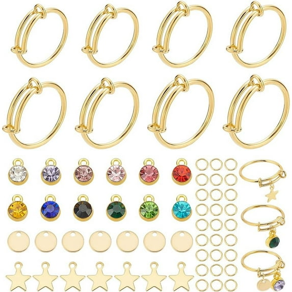 DIY Charm Adjustable Ring Making Kit Including 304 Stainless Steel Expandable Ring Alloy Rhinestone & 304 Stainless Steel Charms Flat Round & Star Golden 86pcs/box