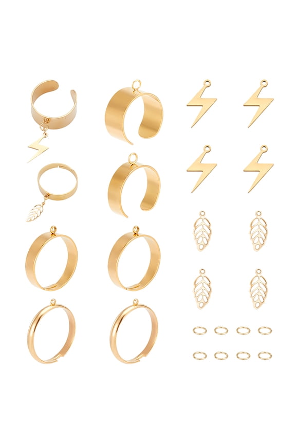 DIY Charm Adjustable Ring Making Kit Including 304 Stainless Steel Loop Ring Base 201 Stainless Steel Charms Leaf Lightning Bolt Golden 26Pcs/box