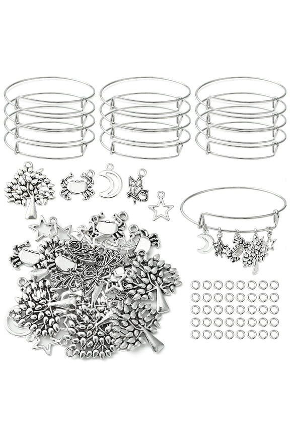 DIY Charm Bangle Making Kit Including Adjustable Iron Expandable Bangle Making Alloy Charms Star Crab Butterfly Tree Platinum 90pcs/bag