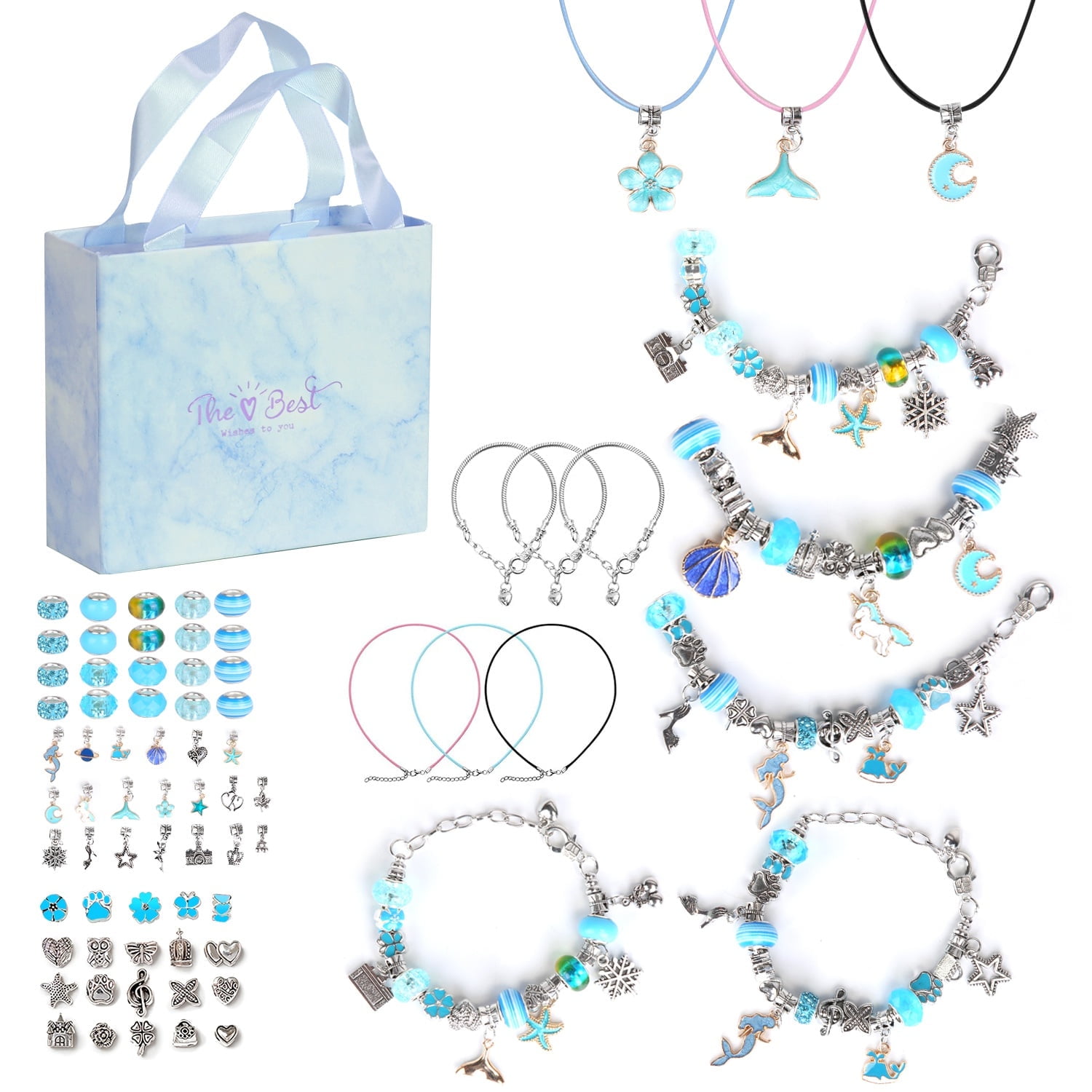 DIY Charm Bracelet Making Kit 66Pcs Jewelry Making Kit Perfect Crafts Gifts Birthday with Gift Box for Girls  5 6 7 8 9 10 11 12 Years Old Blue