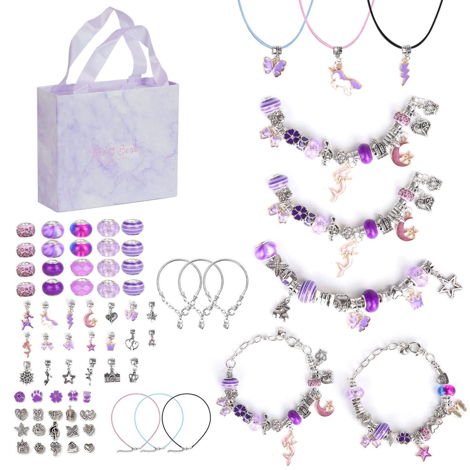 DIY Charm Bracelet Making Kit 66Pcs Jewelry Making Kit Perfect Crafts Gifts Birthday with Gift Box for Girls  5 6 7 8 9 10 11 12 Years Old Purple