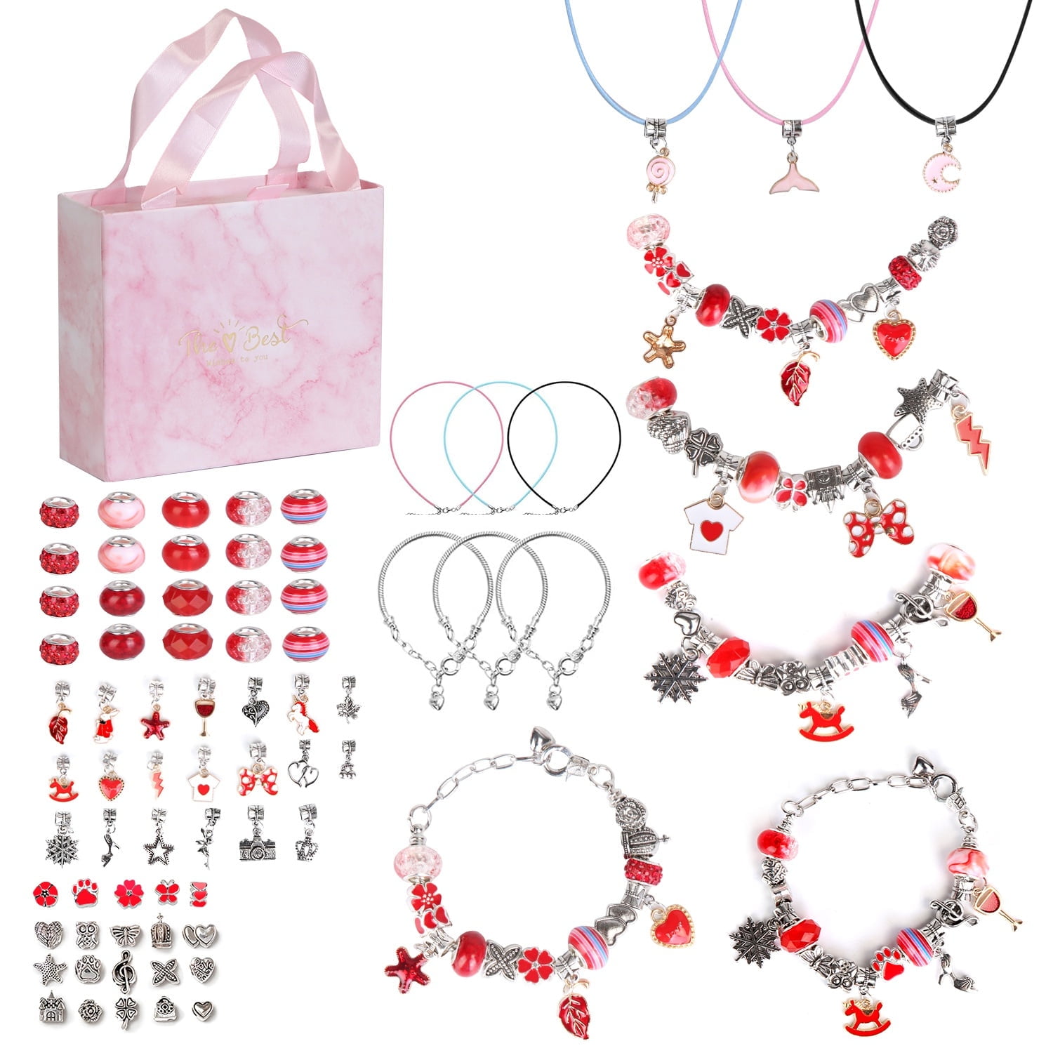 DIY Charm Bracelet Making Kit 66Pcs Jewelry Making Kit Perfect Crafts Gifts Birthday with Gift Box for Girls  5 6 7 8 9 10 11 12 Years Old Red