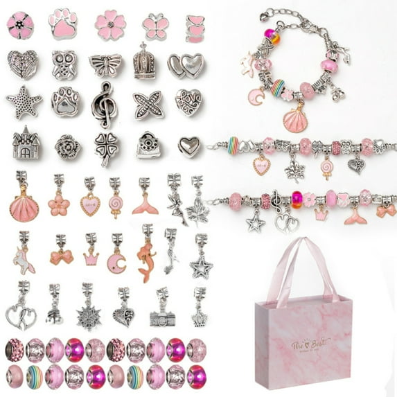 DIY Charm Bracelet Making Kit for Girls, 63Piece Pink Charm Bracelets Jewelry Making Kit with Beads Bracelets Charms Necklace DIY Crafts Gifts Set for Teen Girls Kids Age 8-12