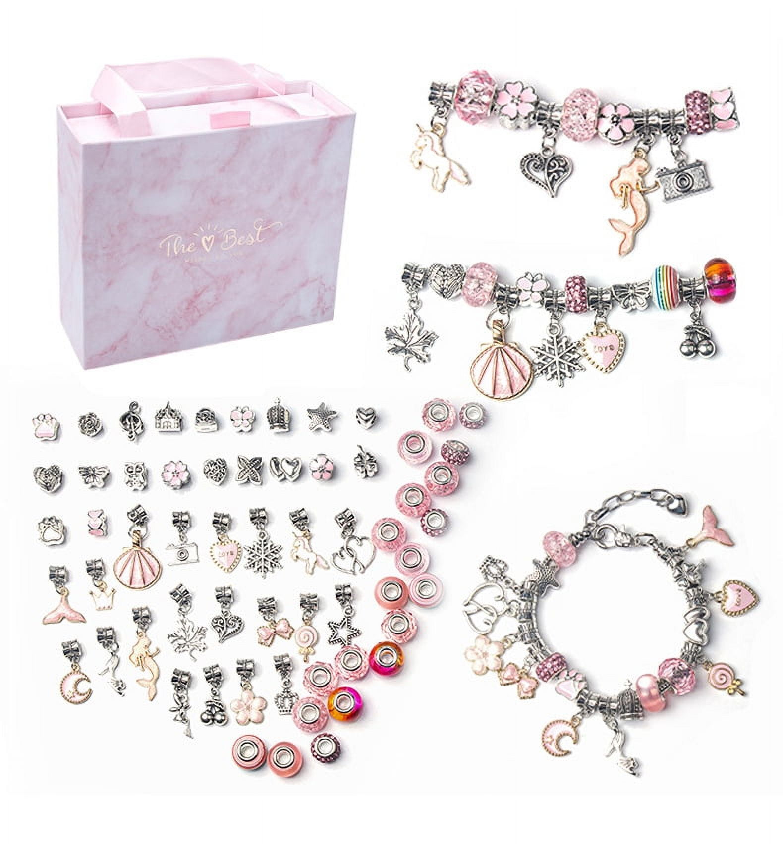 DIY Charm Bracelets for Girls, Girls Jewelry Link Chain Bracelet Necklace  Keychain Hair TiesRemovable Charms for Kids Teen Girls Women（Pink） 