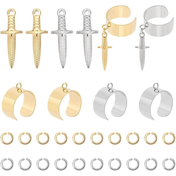 DIY Charm Cuff Ring Making Kit Including Stainless Steel Open Ring Findings 304 Stainless Steel Pendants Jump Rings28Pcs/box