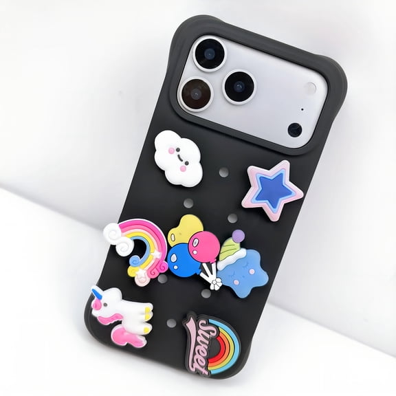DIY Charm Phone Case with Cute Decorations & Gift Box for iPhone 17 Pro , Customizable Silicone Protective Cover, Birthday Gift for Girls Teens（Black）