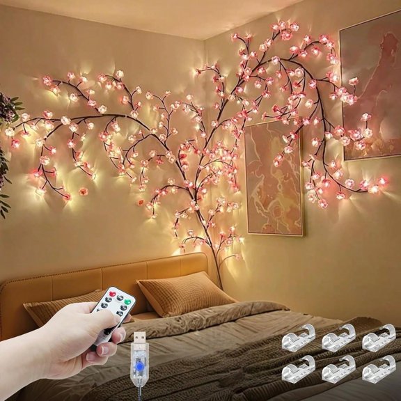 DIY Cherry Enchanted Willow Vine Lights, 3.9 FT 48 LED Cherry Blossom String Lights With Remote & Timer, 8 Lighting Modes, LED Tree Branch Light For Wall Decor, Bedroom Home Ornament