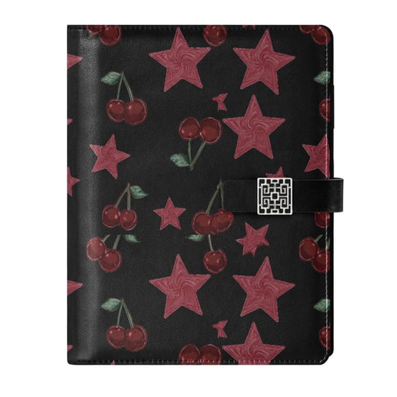 DIY Cherry Star Printed Microfiber Leather Notebook 9.2x6.7" Refillable Binder Journal with Pen Loop&Pockets 100 Sheets
