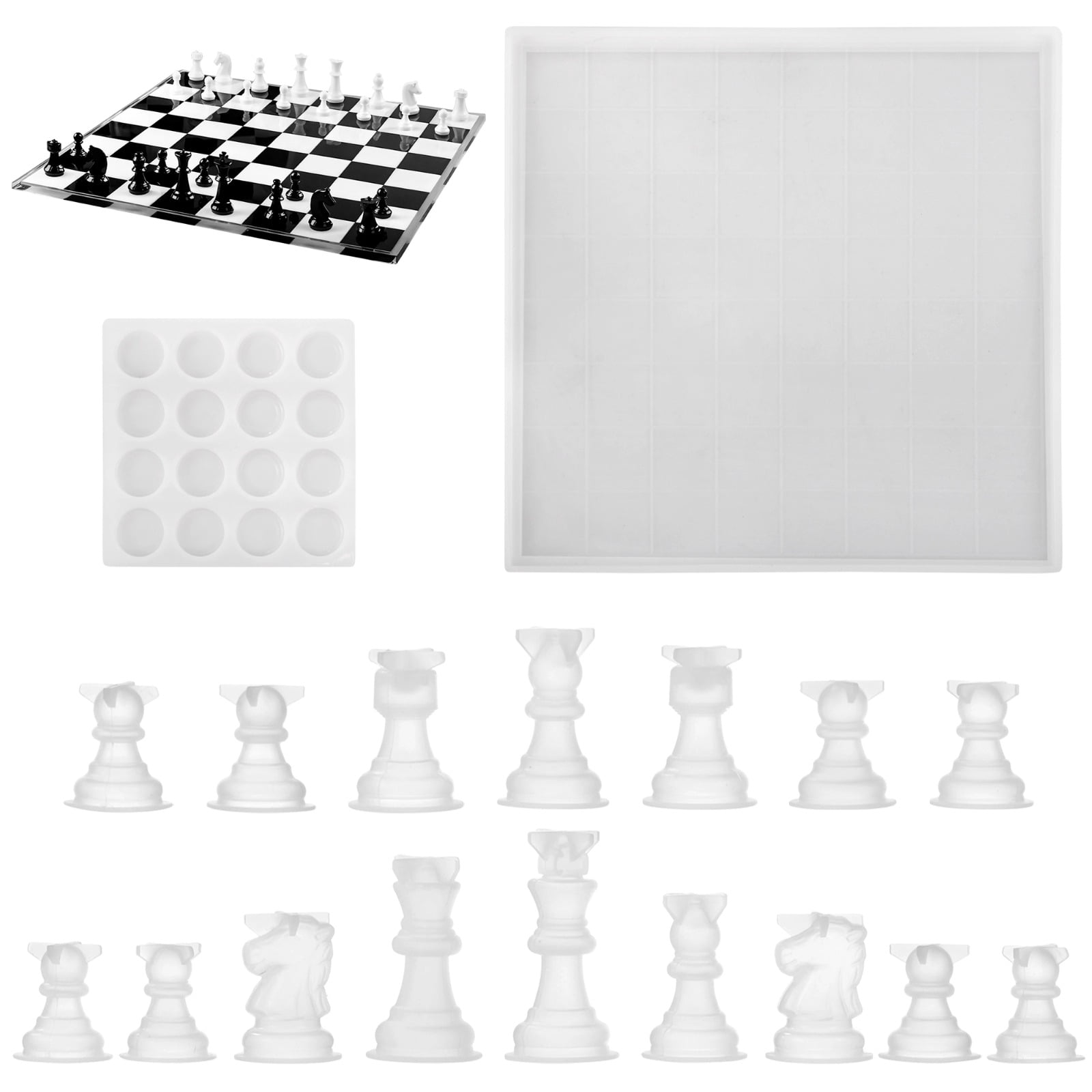 DIY Chess and Checkers Board Mold Set, Chess Set Silicone Resin Mold, Silicone Molds for Chess Pieces, Full Size 3D Chess Crystal Epoxy Casting Molds, DIY Art Crafts Present Making