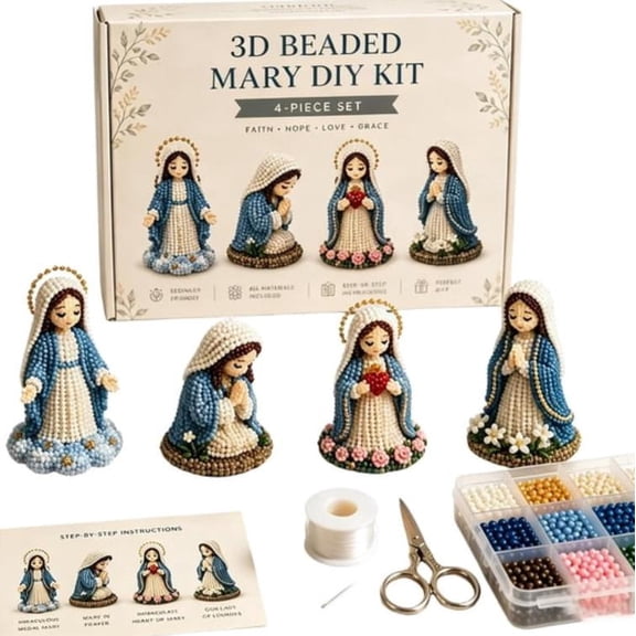 DIY Christian Beading Kit 3D Beaded Jesus and Mary Faith Figurine Set with Colorful Beads Wire and Guide for Prayer Corner Decor and Handmade Gifts(Mary)
