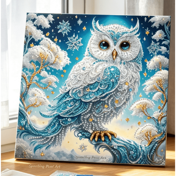DIY Christmas 3D Pearl Diamond Painting Art Kit with Frame, Sparkling Raised Bead Christmas Wall Decor for Home Decoration and Gift (Xmas ),Frost Owl A2