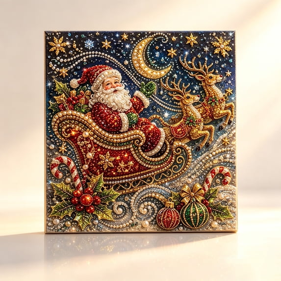 DIY Christmas Bead Art Painting Kit Santa in Sleigh With Reindeer Moon Star Design Finished Canvas Wall Hanging Ornament