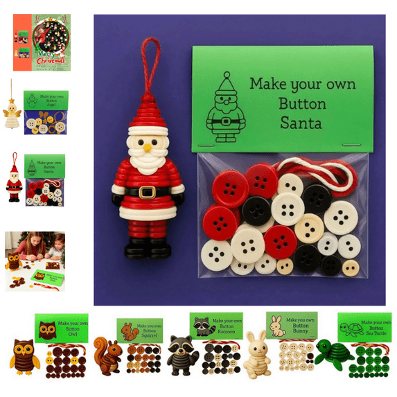 DIY Christmas Button Ornament Making Set DIY Craft Buttons Kits with Christmas Snowman/Santa/Angel, Gifts for Xmas Tree Hanging Decorations Vintage Christmas Ornaments (Santa Claus)