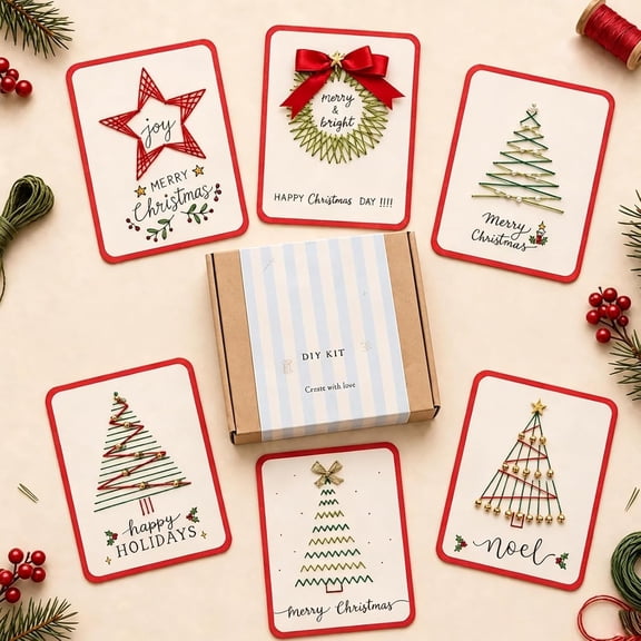 DIY Christmas Card Kit, 6 Piece Stitch Cards with Threads Beads and Tools for Holiday Craft