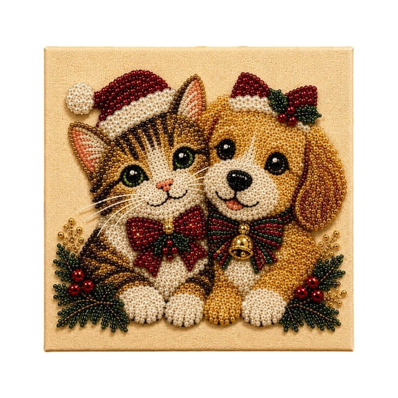 DIY Christmas Cat & Dog Pearl Diamond Painting Art Kit, Beginner Friendly Symbol Matching Craft Kit for Winter Indoor Handmade Activities