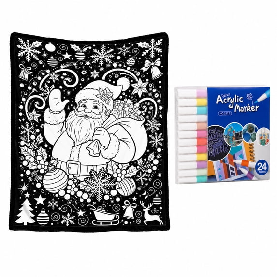 DIY Christmas Coloring Blanket for Adults & Kids,50 x 60 In,Washable Color Your Own Throw Blanket with 24 Markers & Snowman Design,Cozy Creative Doodle Mat for Personalized Home Decor Birthday Gift