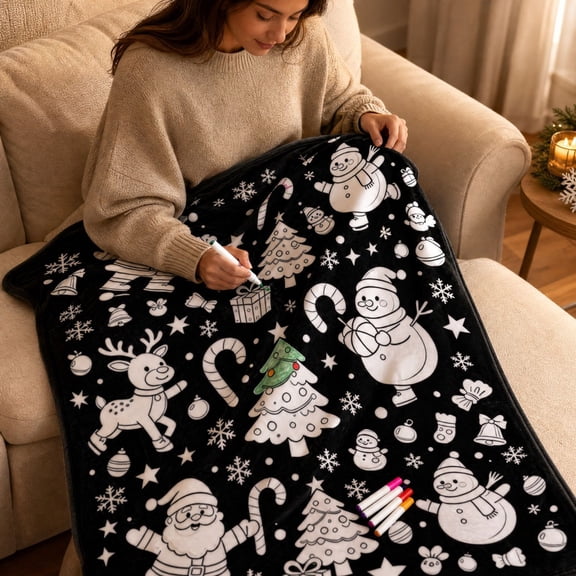 Christmas Coloring Flannel Blanket, Washable Throw Blanket with Multi-Patterns, Cozy Creative Doodle Mat for Holiday Birthday Gift,27.5x39.4in