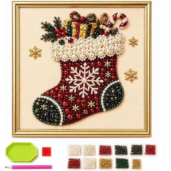 DIY Christmas Diamond Art with Frame, 7.87 X 7.87 IN,3D Pearl Art Craft Kits for Adults Beginner, Holiday Gemstone Diamond Dots Beads for Home Wall Decor, Stress Relieving, Halloween Gift,Stocking