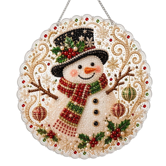 DIY Christmas Diamond Art Hanging Suncatcher Ornament Kit, Round Acrylic Board with Festive Santa Snowman Reindeer Designs, Pearl Gem Bead Craft for Window Christmas Tree Decor