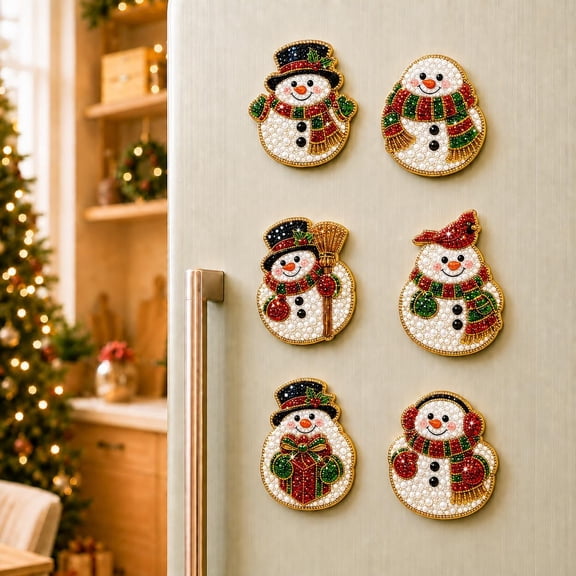 DIY Christmas Diamond Art Pearl Painting Fridge Magnet Crafts Kit, 6-Piece Holiday Craft Set for Kids and Adults