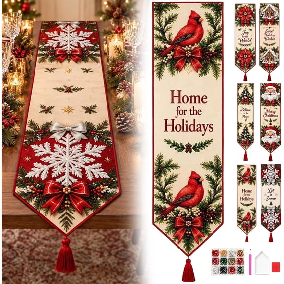 DIY Christmas Diamond Painting Table Runner Kit, Diamond Art Craft Kit Table Runner, Holiday Diamond Art Tablecloth Craft Set with Rhinestones, Christmas Home Decoration,Cardinal