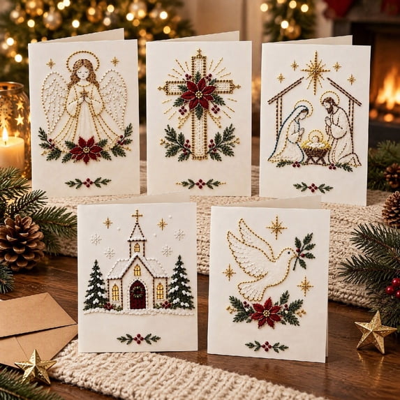 DIY Christmas Embroidery Card Kit Religious Angels Church Designs 5 ...