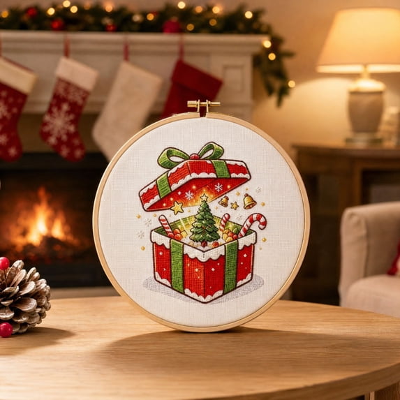 DIY Christmas Embroidery Cross Stitch Kit, Pre-Printed Xmas Art Pattern, Includes Embroidery Fabric and Full Tool Set, Handmade Craft for Home Wall Hanging and Seasonal Present