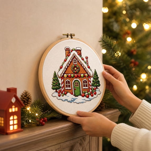 DIY Christmas Embroidery Cross Stitch Kit, Pre-Printed Xmas Art Pattern, Includes Embroidery Fabric and Full Tool Set, Handmade Craft for Home Wall Hanging and Seasonal Present