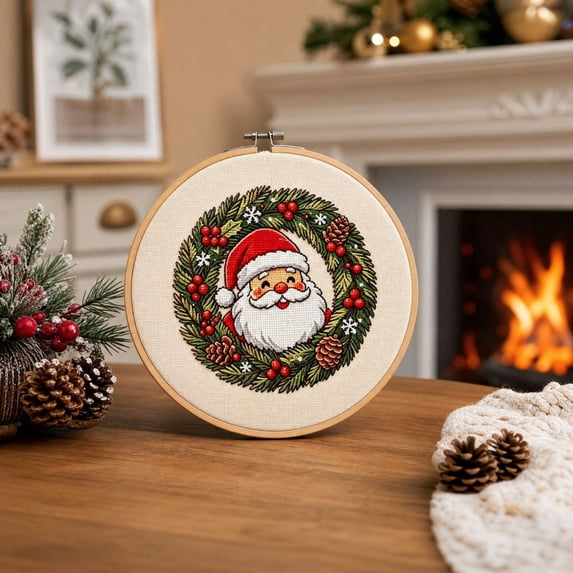 DIY Christmas Embroidery Cross Stitch Kit, Pre-Printed Xmas Art Pattern, Includes Embroidery Fabric and Full Tool Set, Handmade Craft for Home Wall Hanging and Seasonal Present