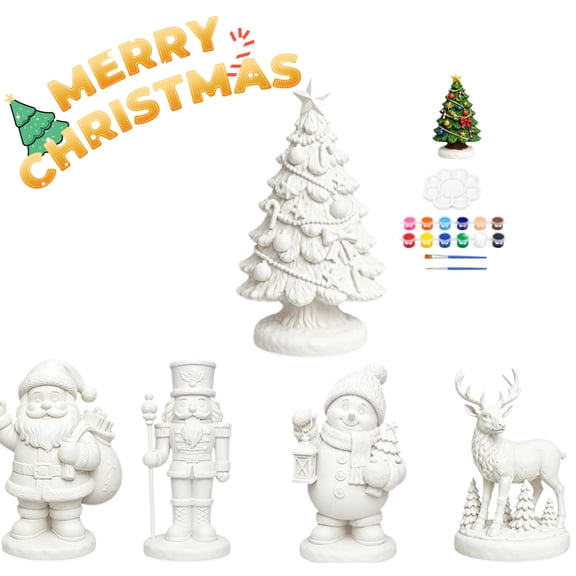 DIY Christmas Figurine Painting Kit, Ceramic Ornament Craft Set with 12 Paints & Brushes for Family Holiday Art Activity